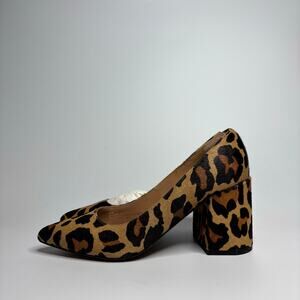 Linea Paolo Blair Leopard Printed Calf Hair Leather Block Heel Pumps
